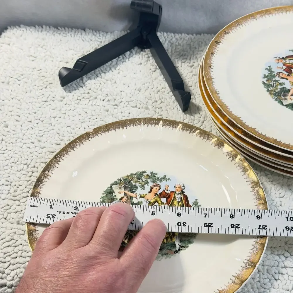 Vintage Cronin China Minerva Oh 9” Luncheon Plate Colonial Gold Rim USA Set of 7